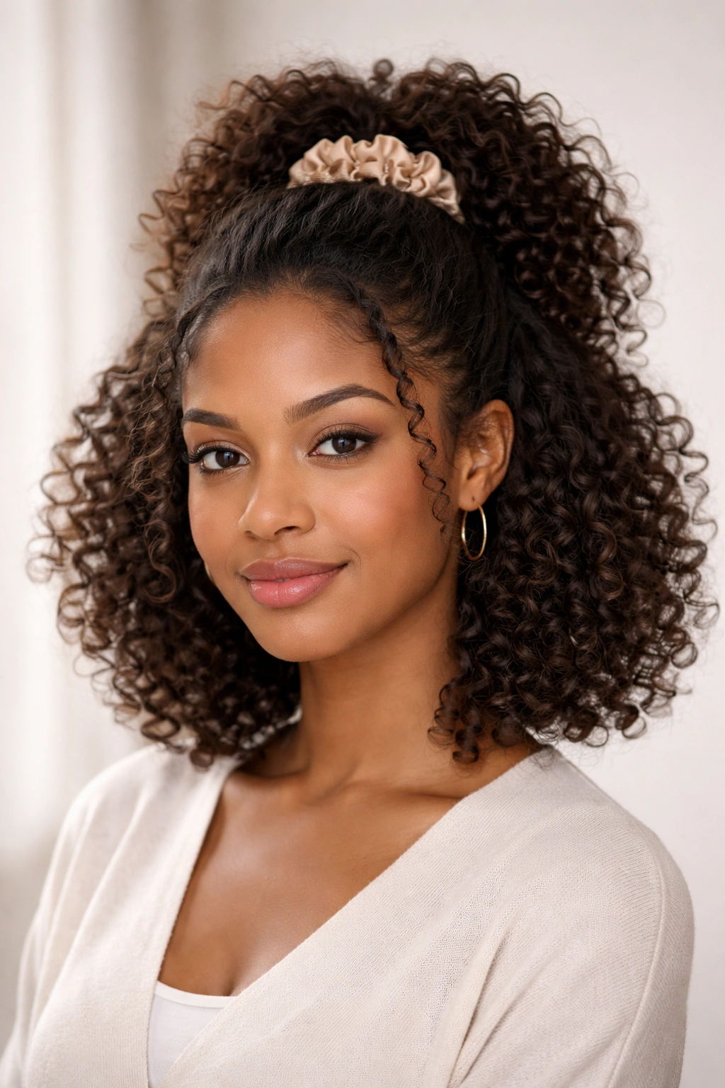Curly bob with half-up crown puff styling