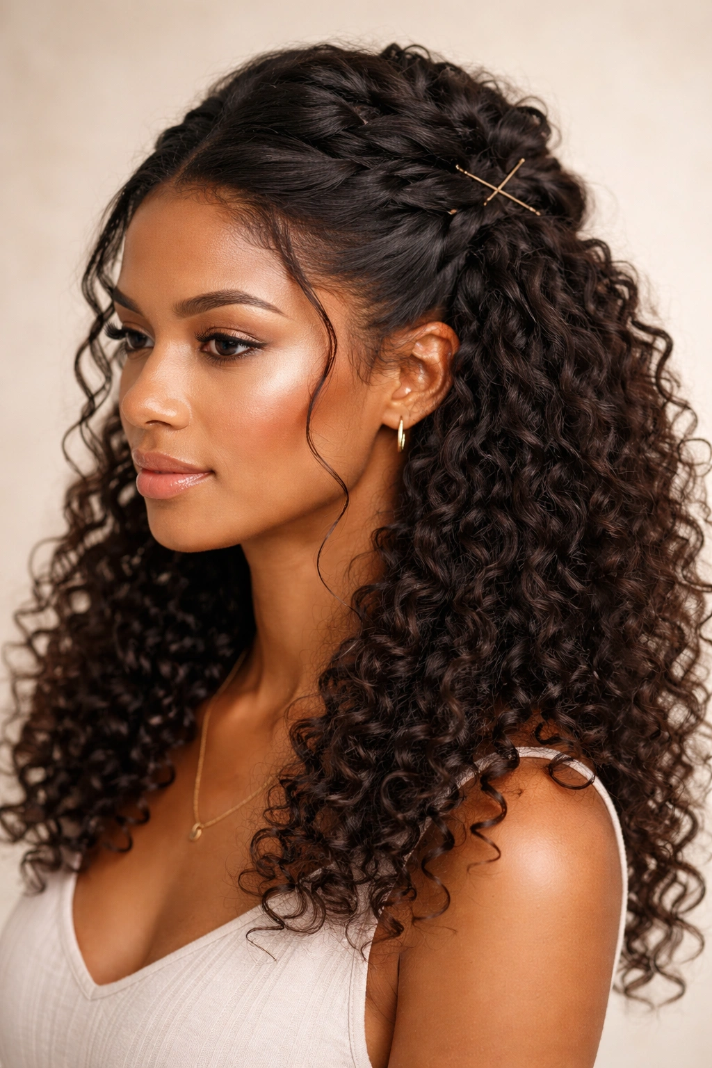Half-up crown twist with crown twists anchored at the crown and curls down