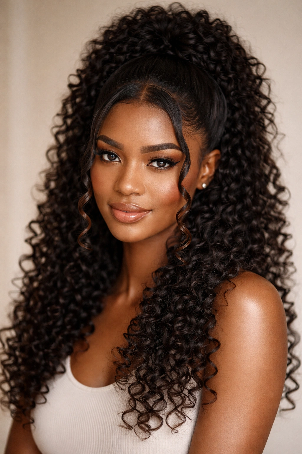 Half-up half-down hairstyle with two face-framing spirals