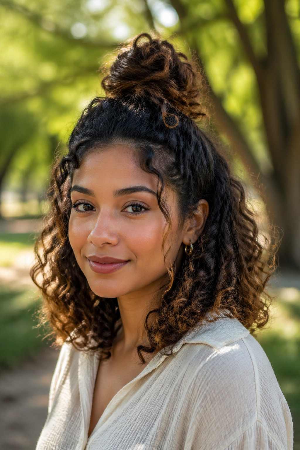 Close-up of a real woman with a half-up curly top knot