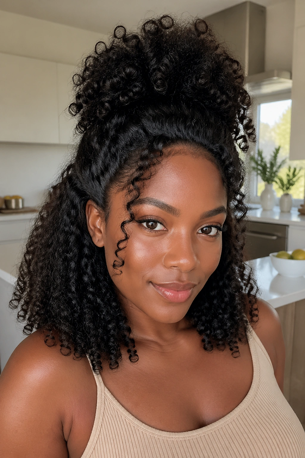 Real woman wearing half-up curly afro wig with crown volume