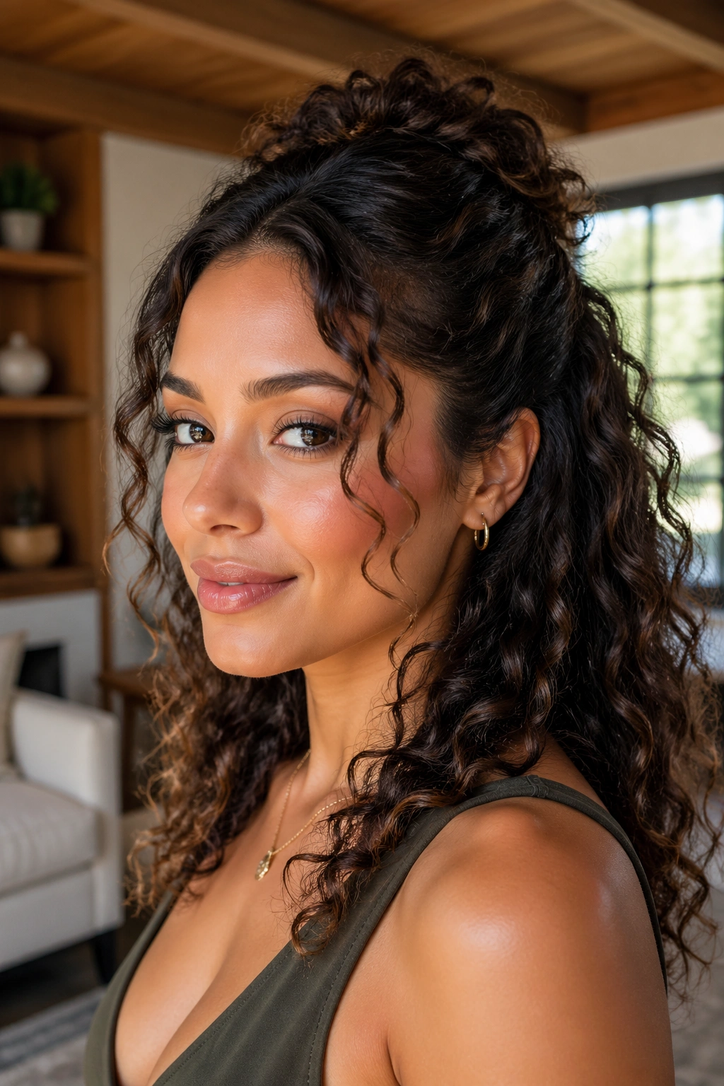 Close-up of a real woman with a half-up curly hairstyle and polished top layers