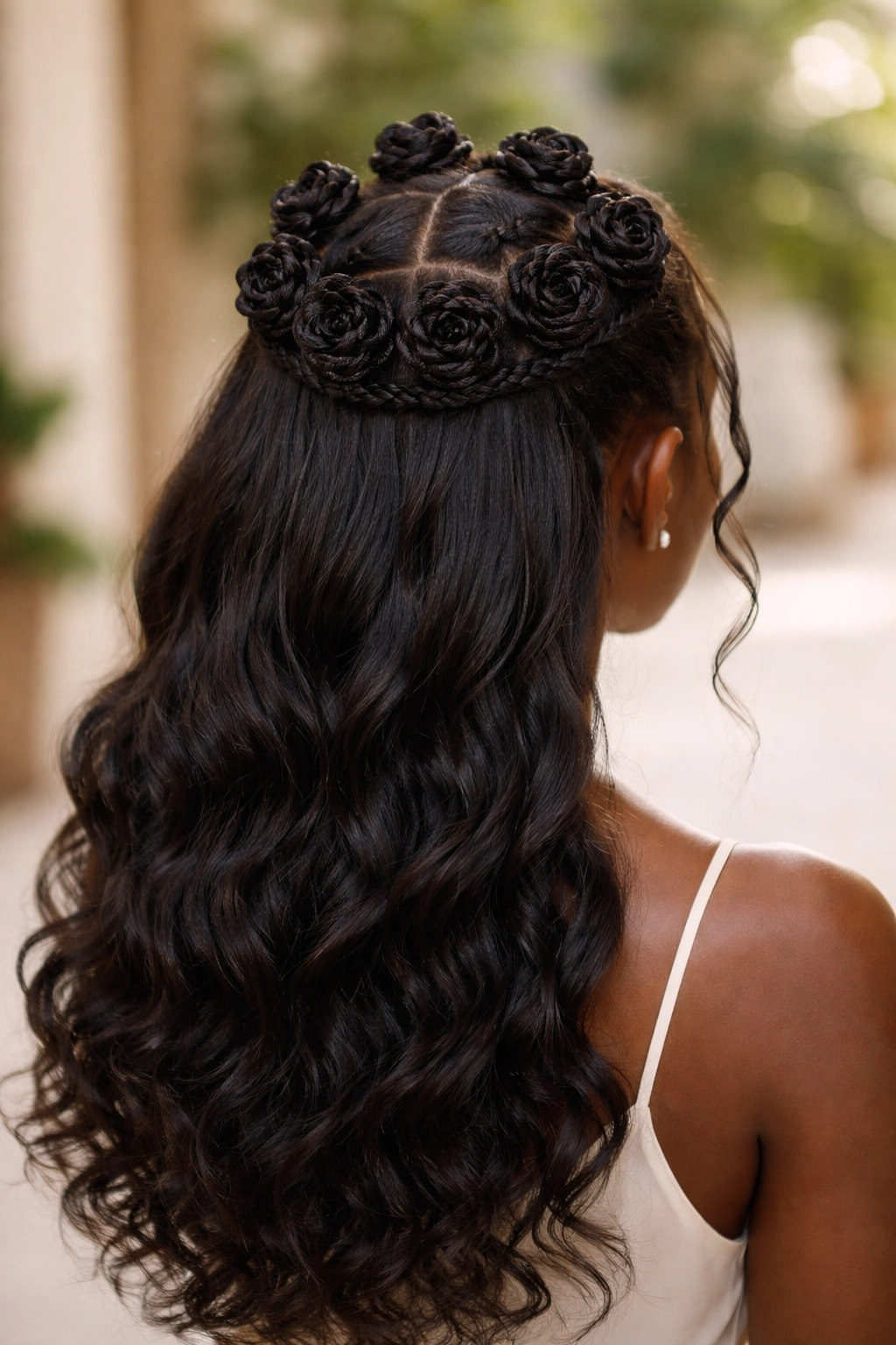 Top half of hair pinned into a crown of Bantu knots with loose hair flowing behind