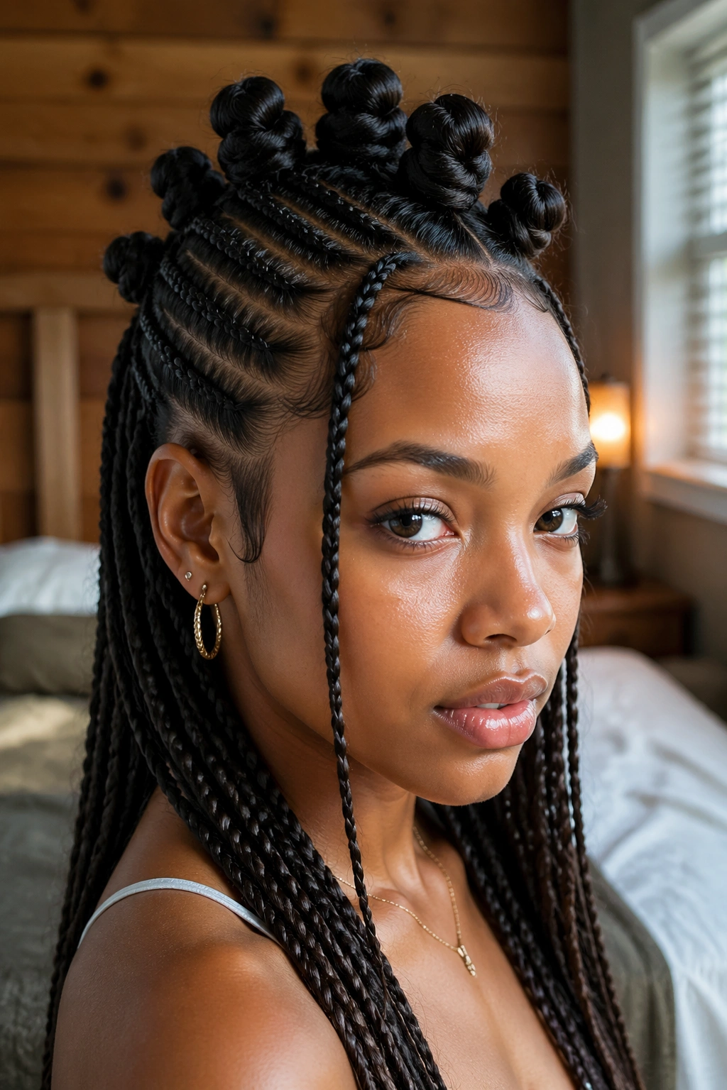 Close-up of a real woman with a half-up Bantu knot mohawk and flat sides in warm window light