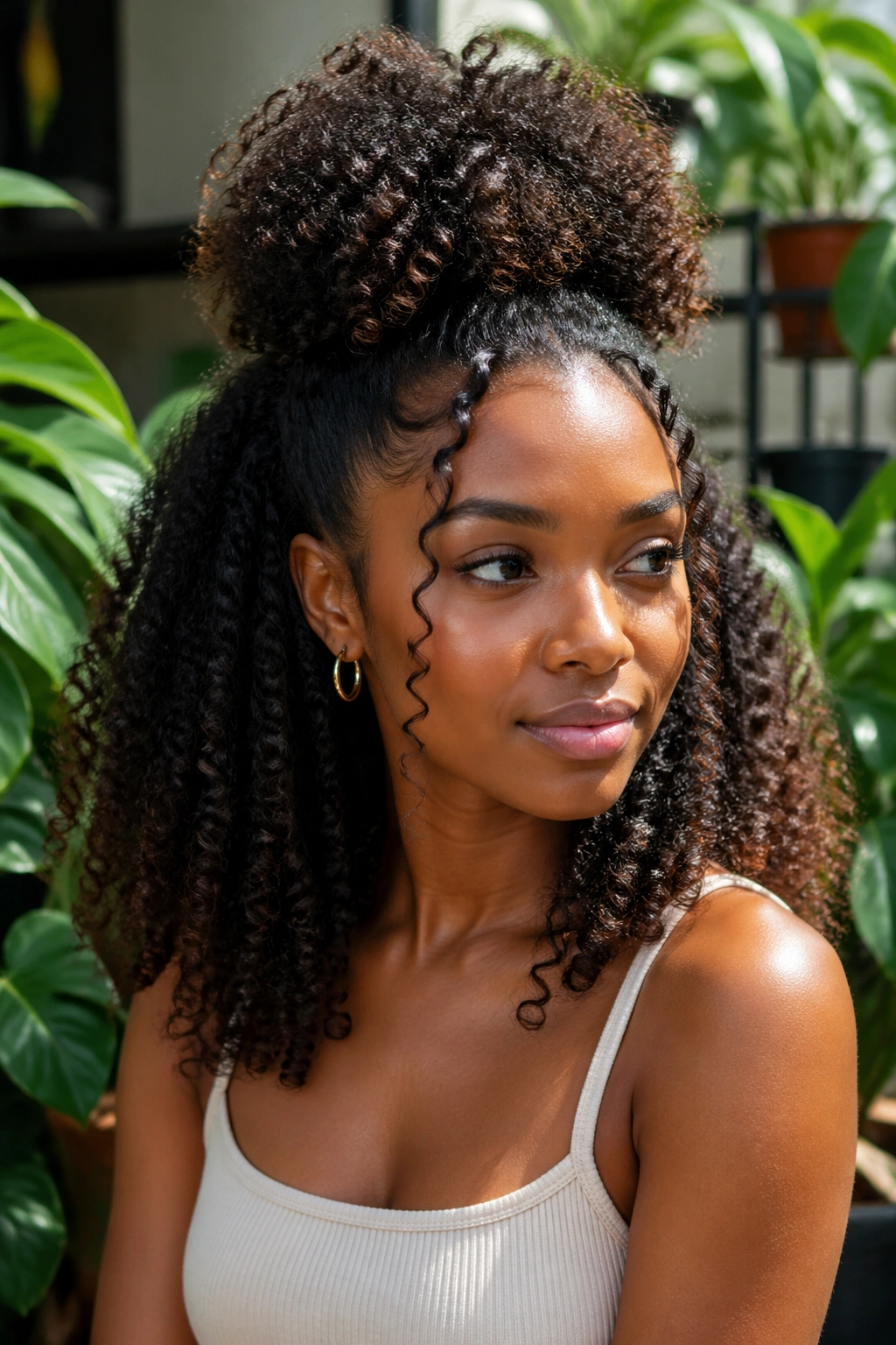 Portrait of a person with a half-up, half-down hairstyle in a sunny setting.