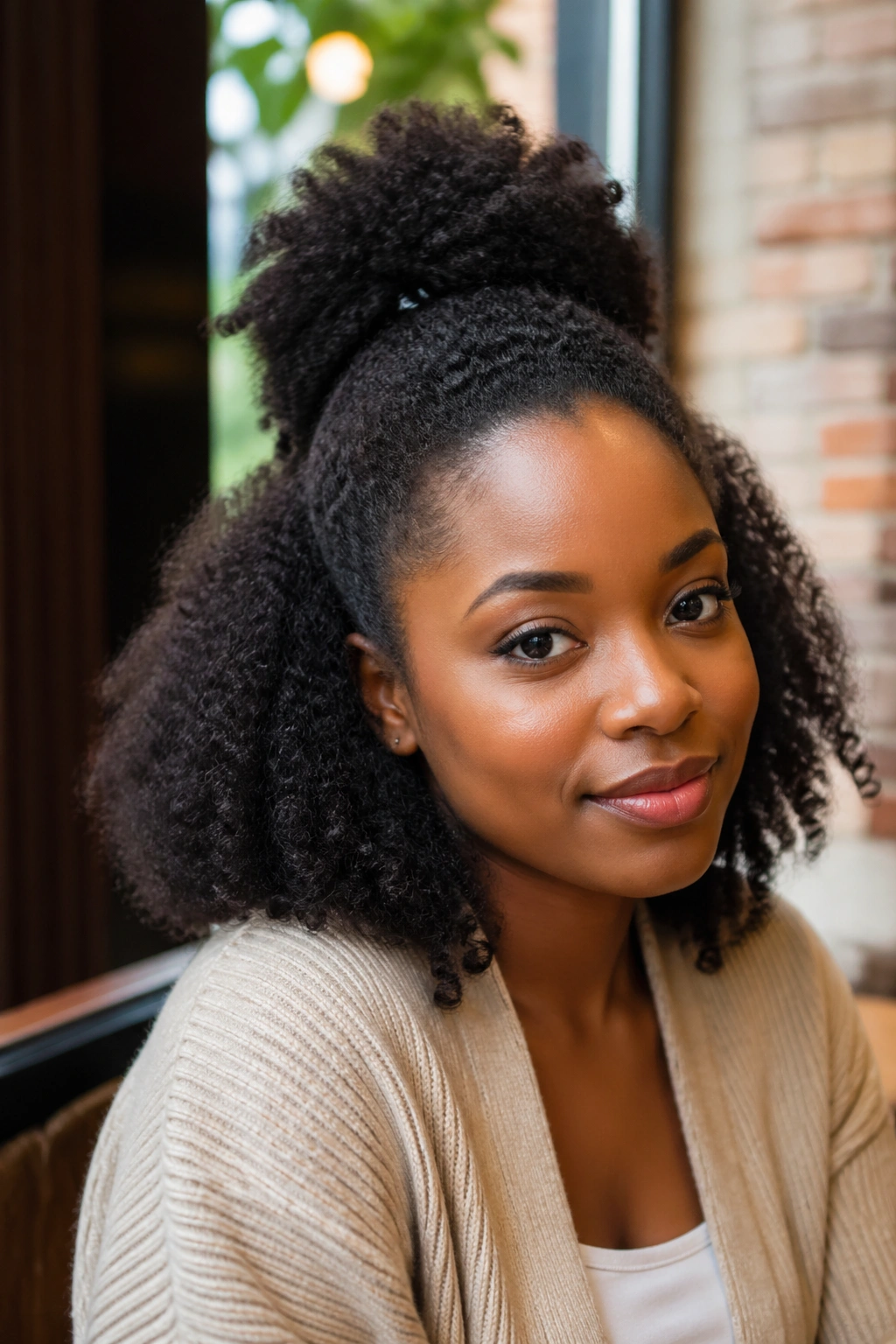 Portrait of a person with half-up half-down Afro and top puff