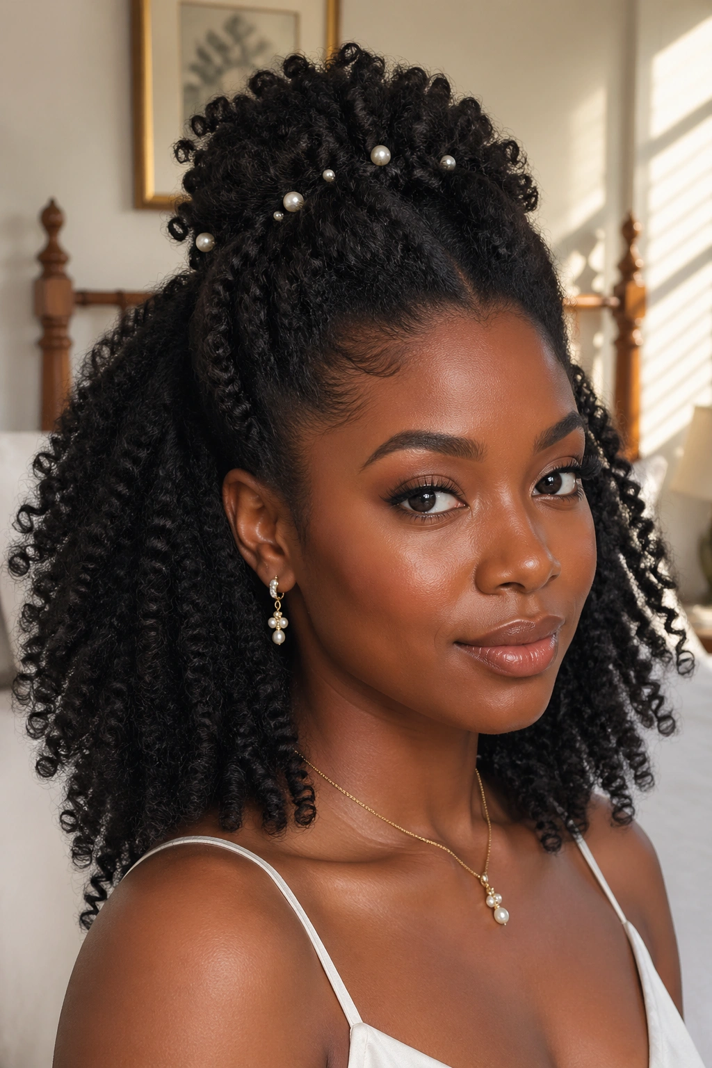 Close-up of a woman with half-up half-down Afro and pearl pins