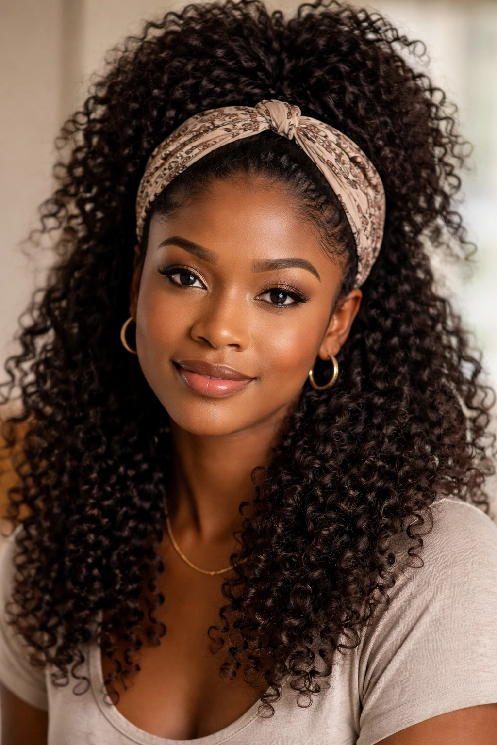 Close-up of a model with a half-up half-down hairstyle, soft top puff, loose curls, and wide bandana across the hairline