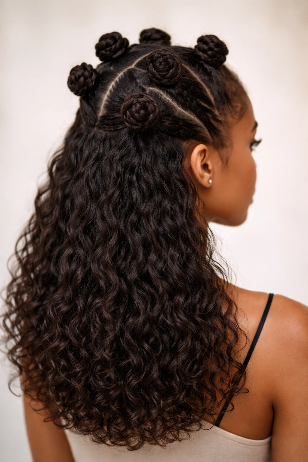 Model with half-up, half-down Bantu knots and loose back length