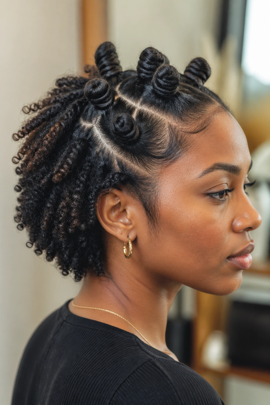 Close-up of a real person showing half-up, half-down bantu knots on layered short hair