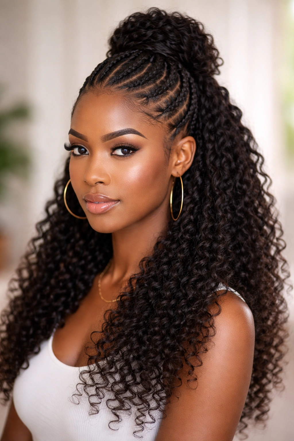 Half-up, half-down afro cornrows with top braided and bottom loose