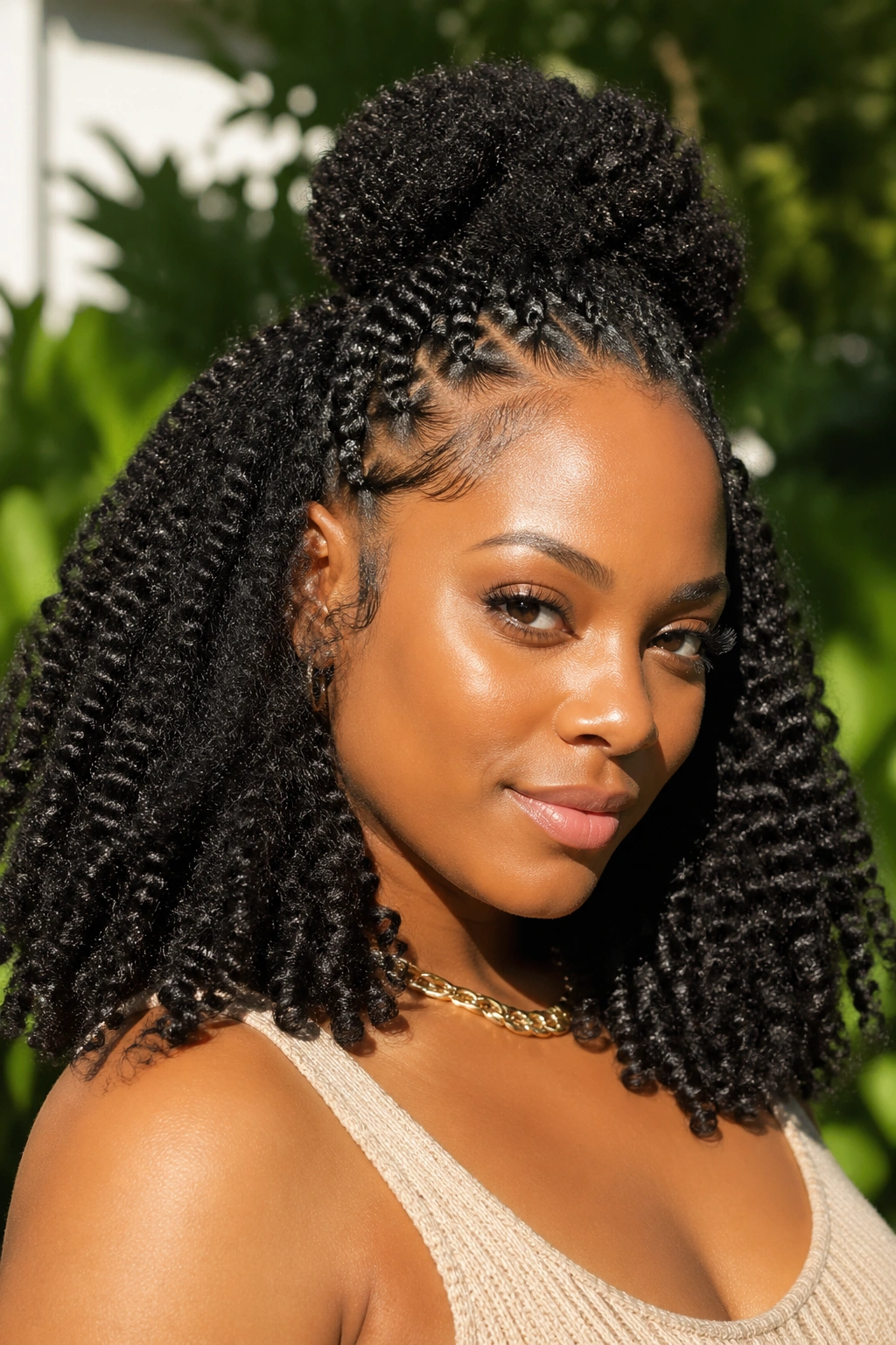 Close-up portrait of a real woman with half-up half-down crochet afro in a sunlit garden