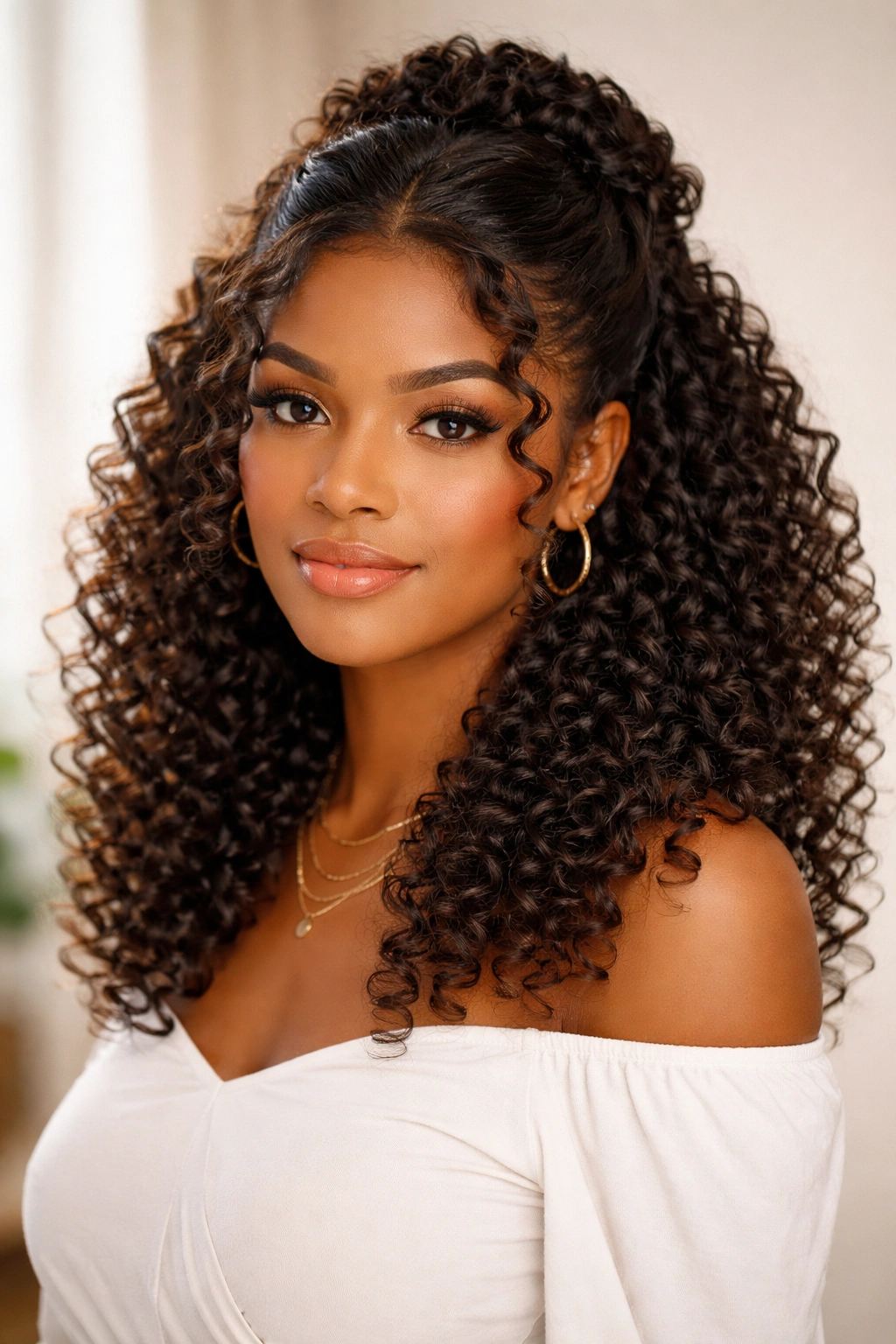 Half-up half-down hairstyle with defined front curls framing the face