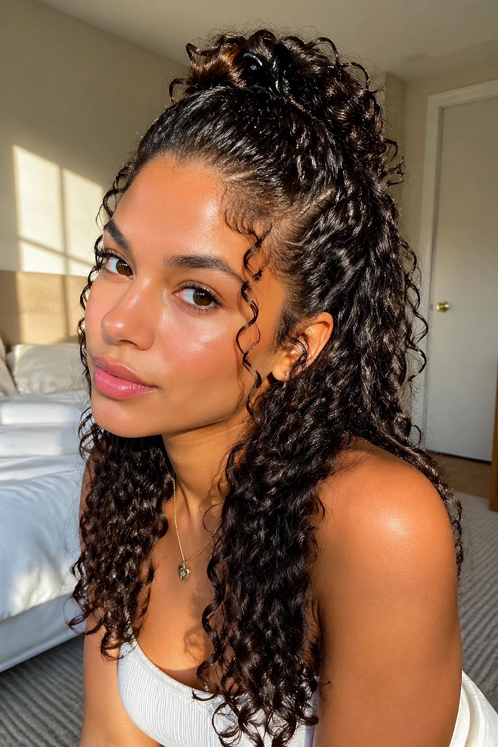Close-up of a real person with half-up wet curls.