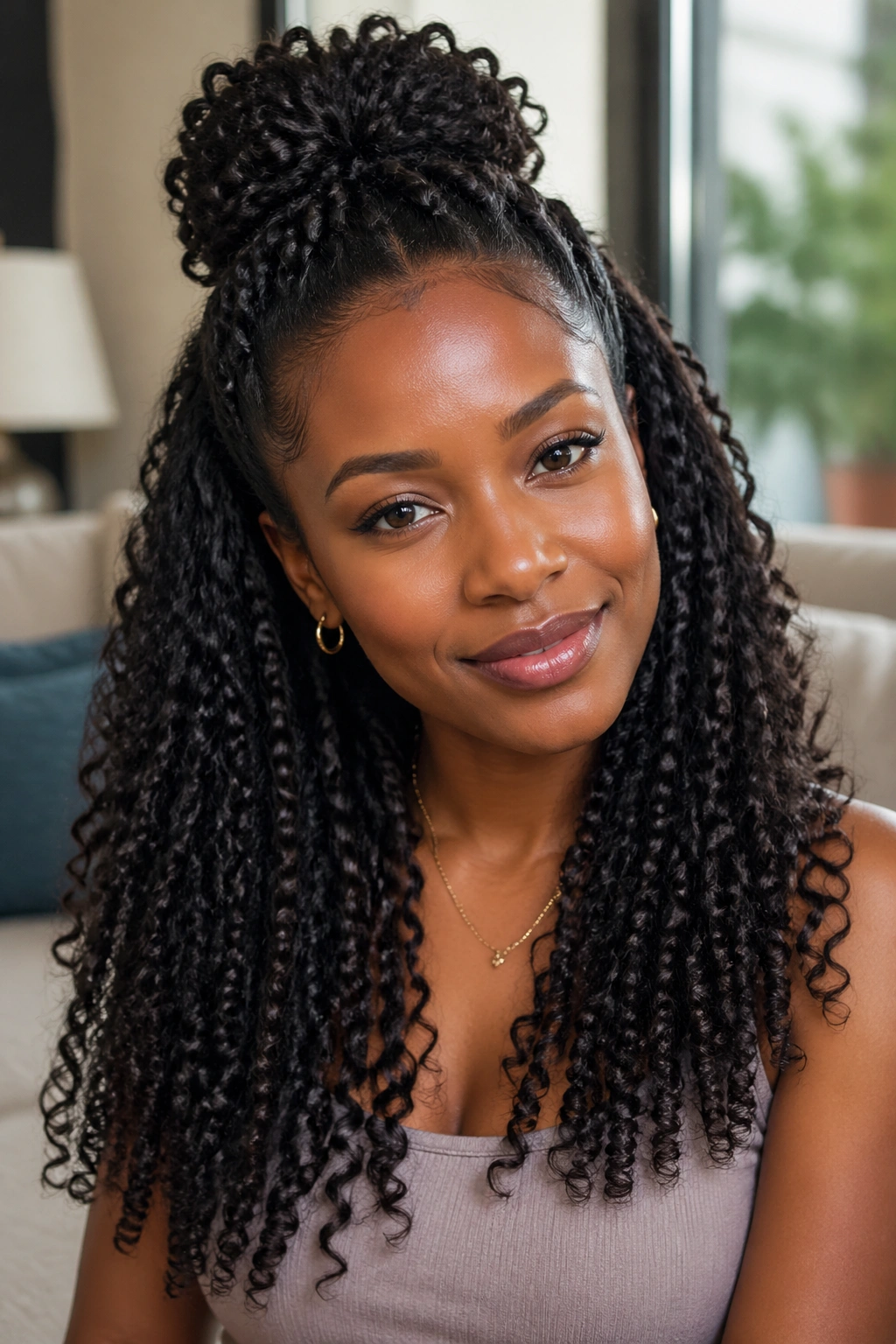 Close-up of a real person wearing half-up half-down hairstyle with curly extensions.