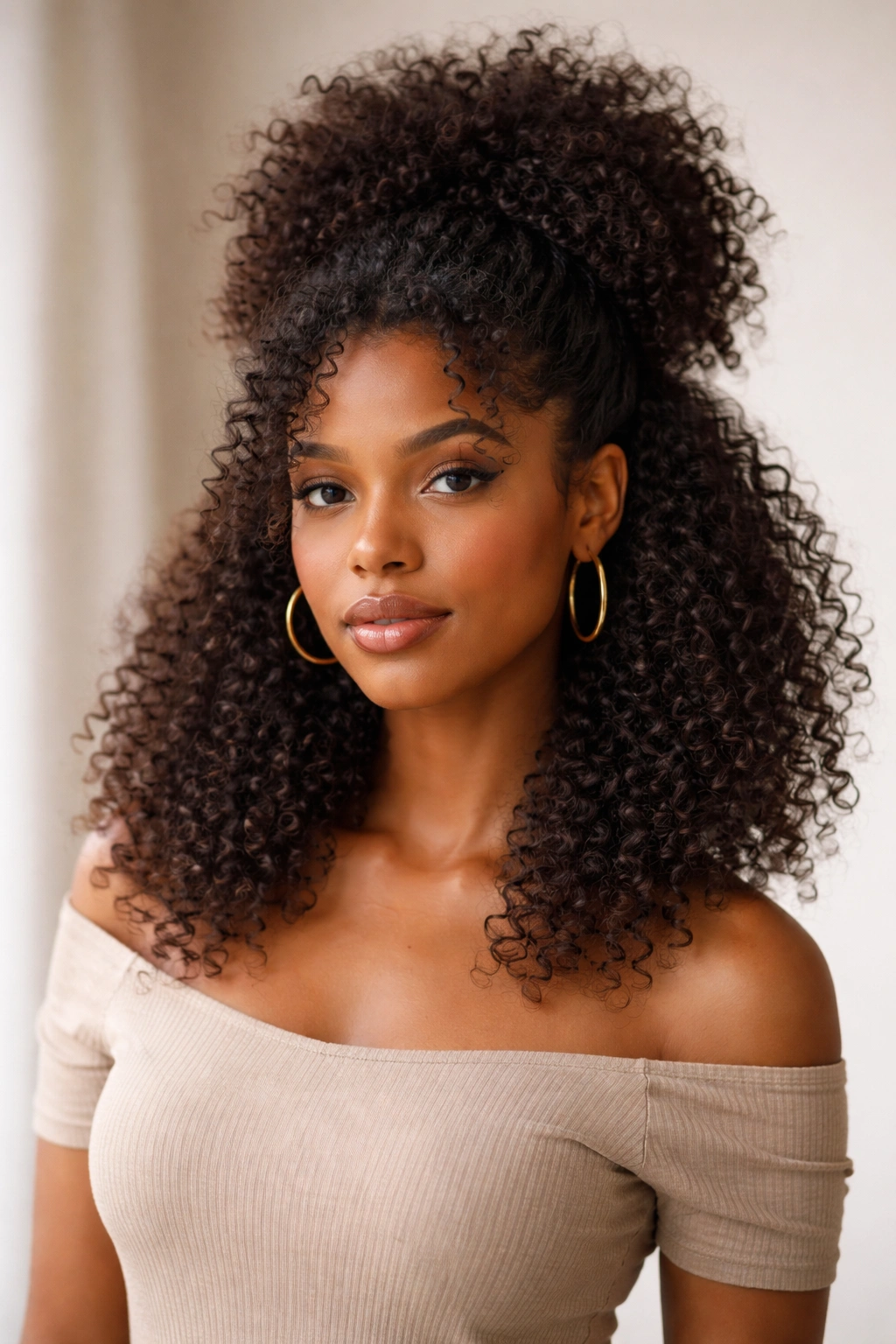 Half-up half-down afro with top lifted and bottom curls flowing