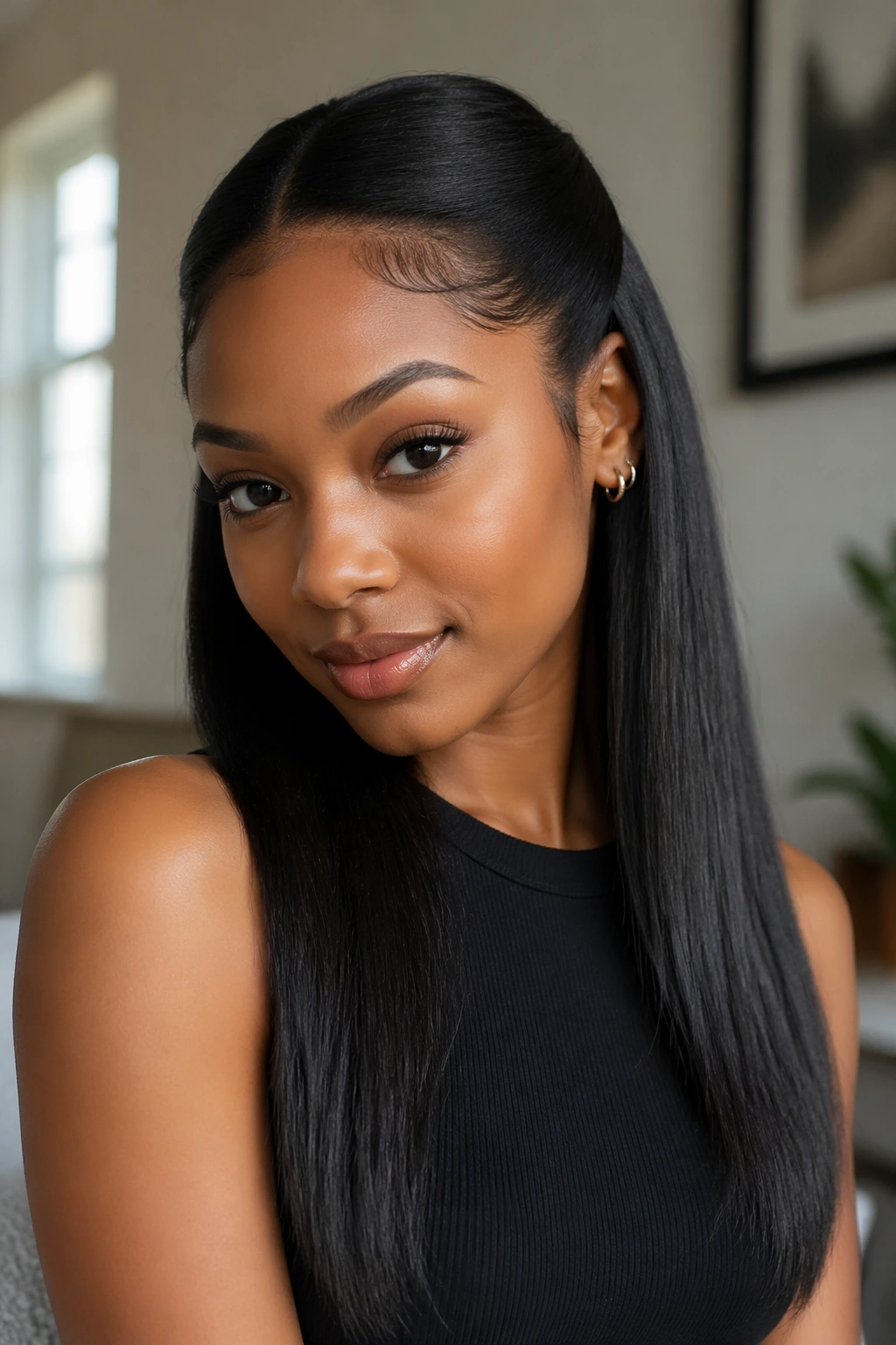 Close-up of a woman with half-up half-down straight style, face framed by hair