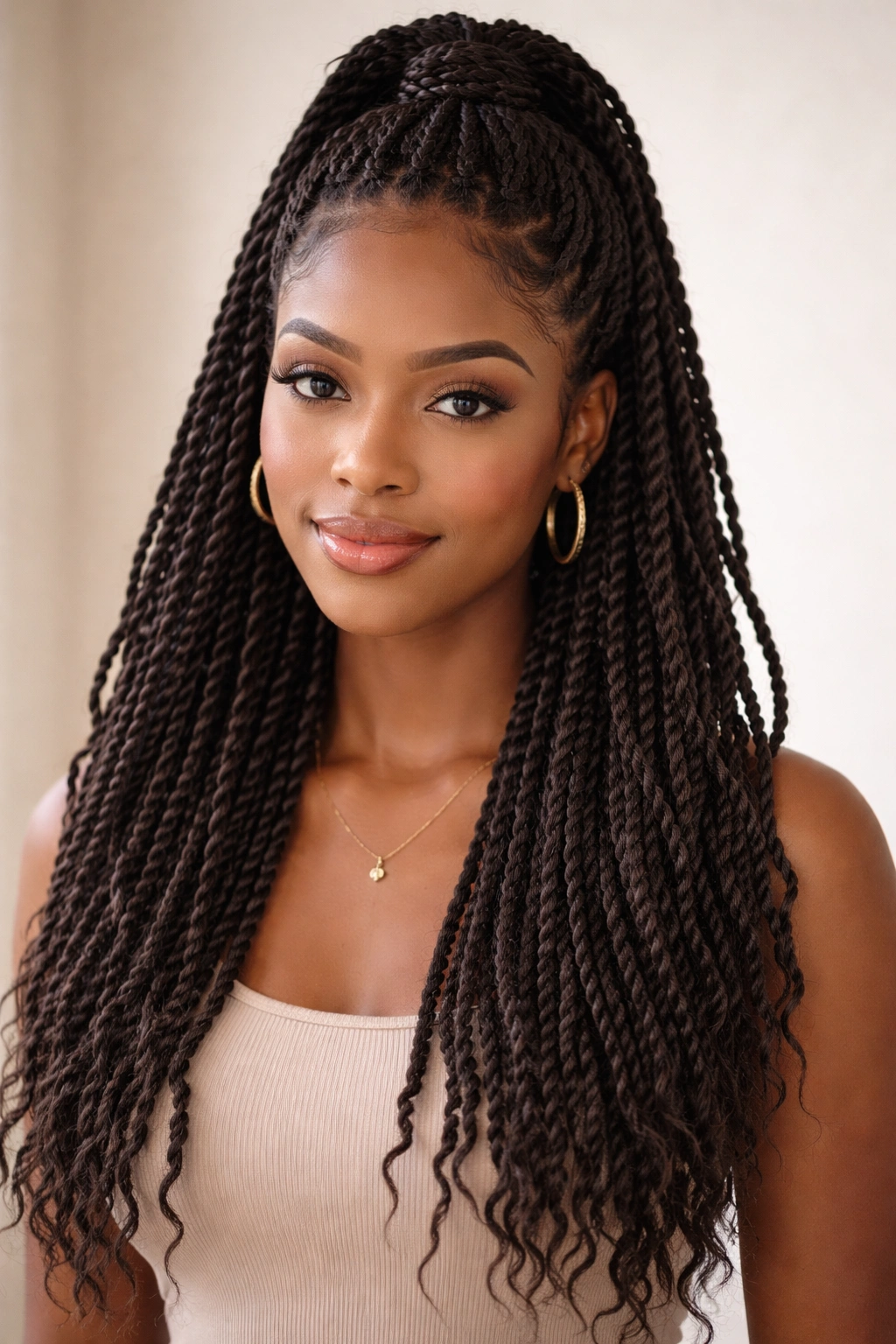 Half-up half-down twist braids with top section secured