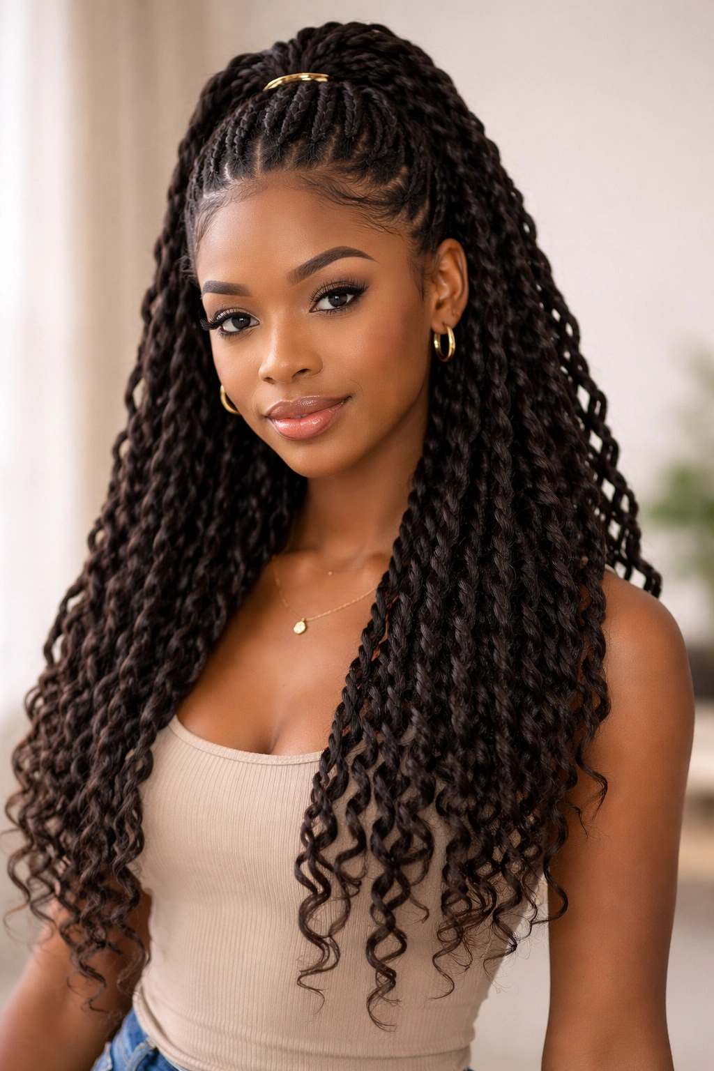 Half-up half-down bulk twists with top knot and loose bottom twists