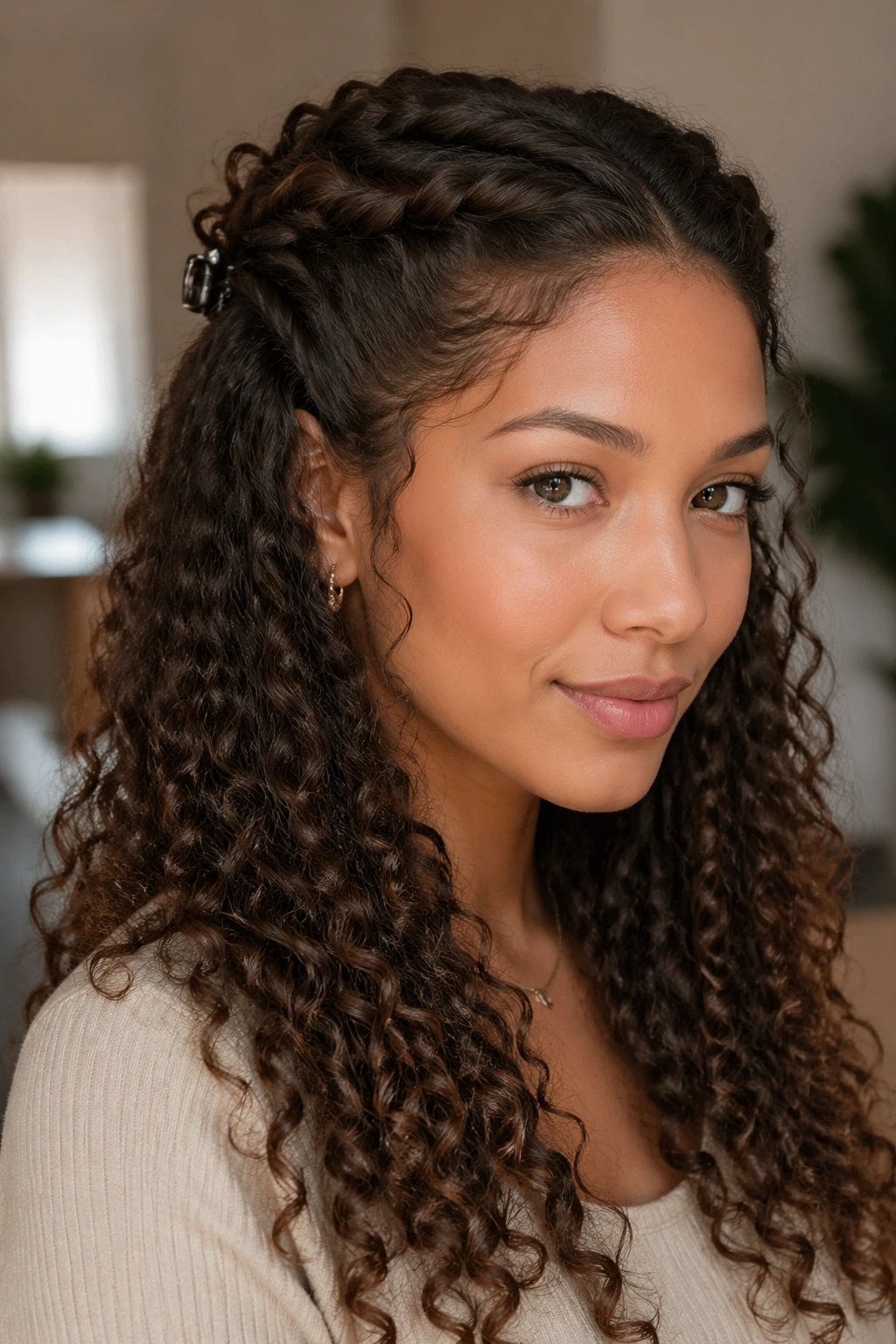 Half-up half-down twist on curly hair on a real person