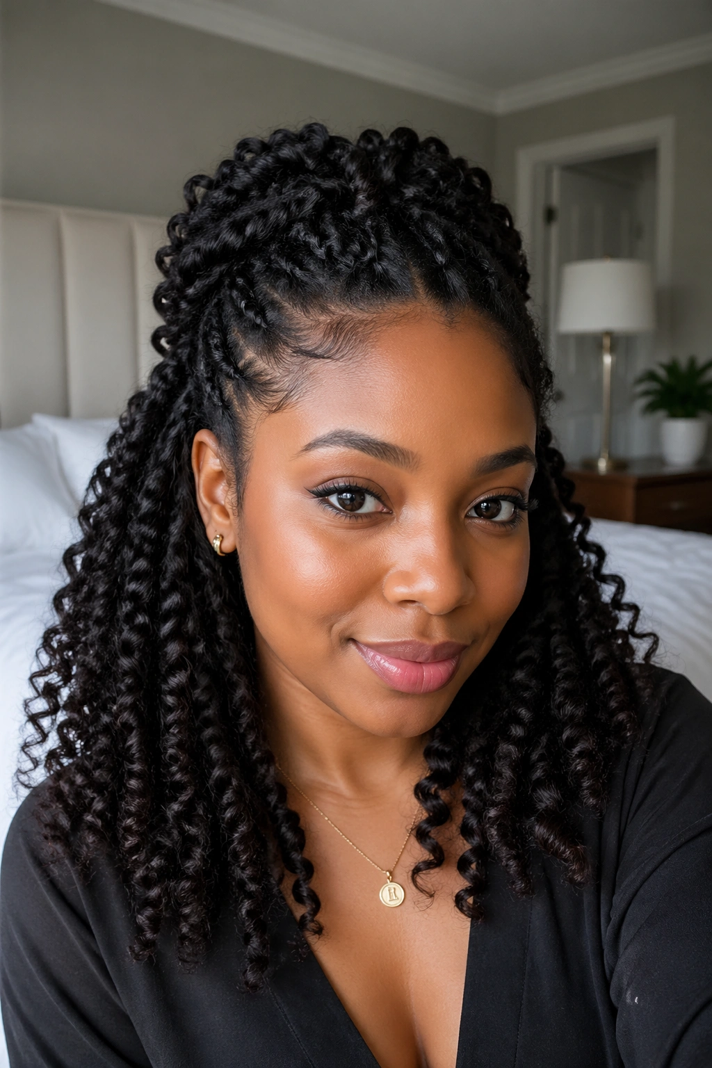 Close-up portrait of a real woman showing half-up half-down twists in curly hair with natural window light