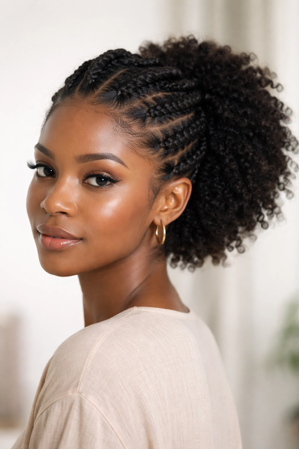 Half-Up Half-Down twists with back puff on short-to-medium hair