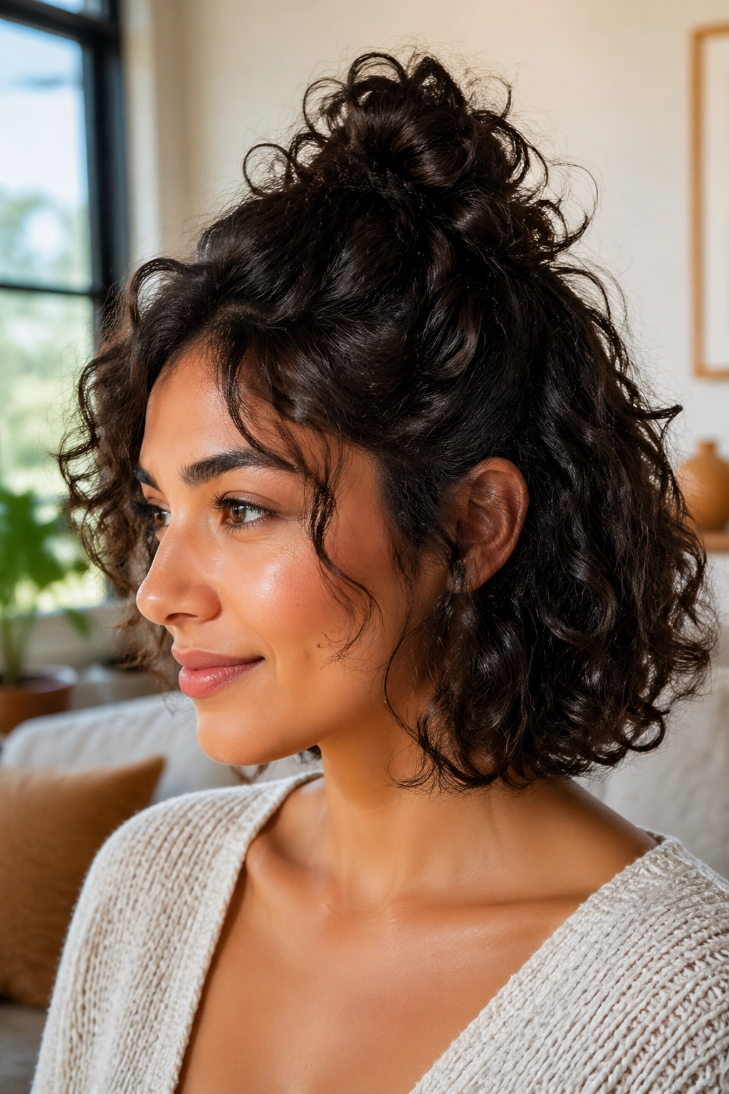 Close-up of a real woman with a half-up knot in a curly bob, natural light.