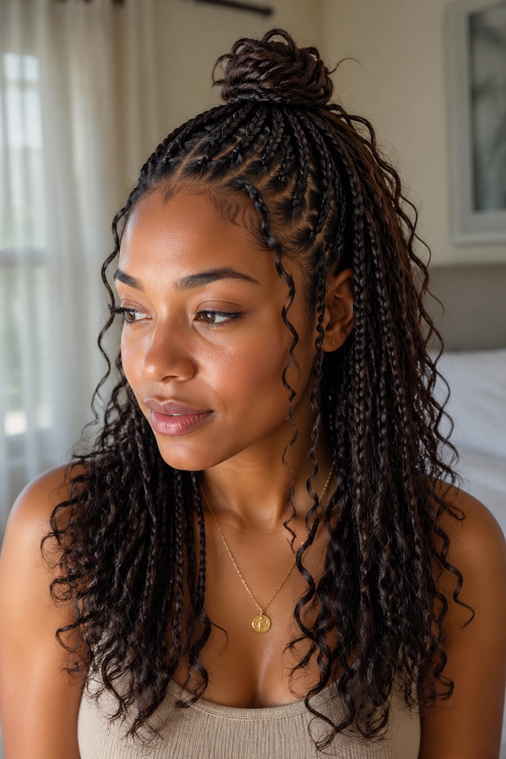 Real person with half-up half-down knotless braids and loose curls, portrait shot.