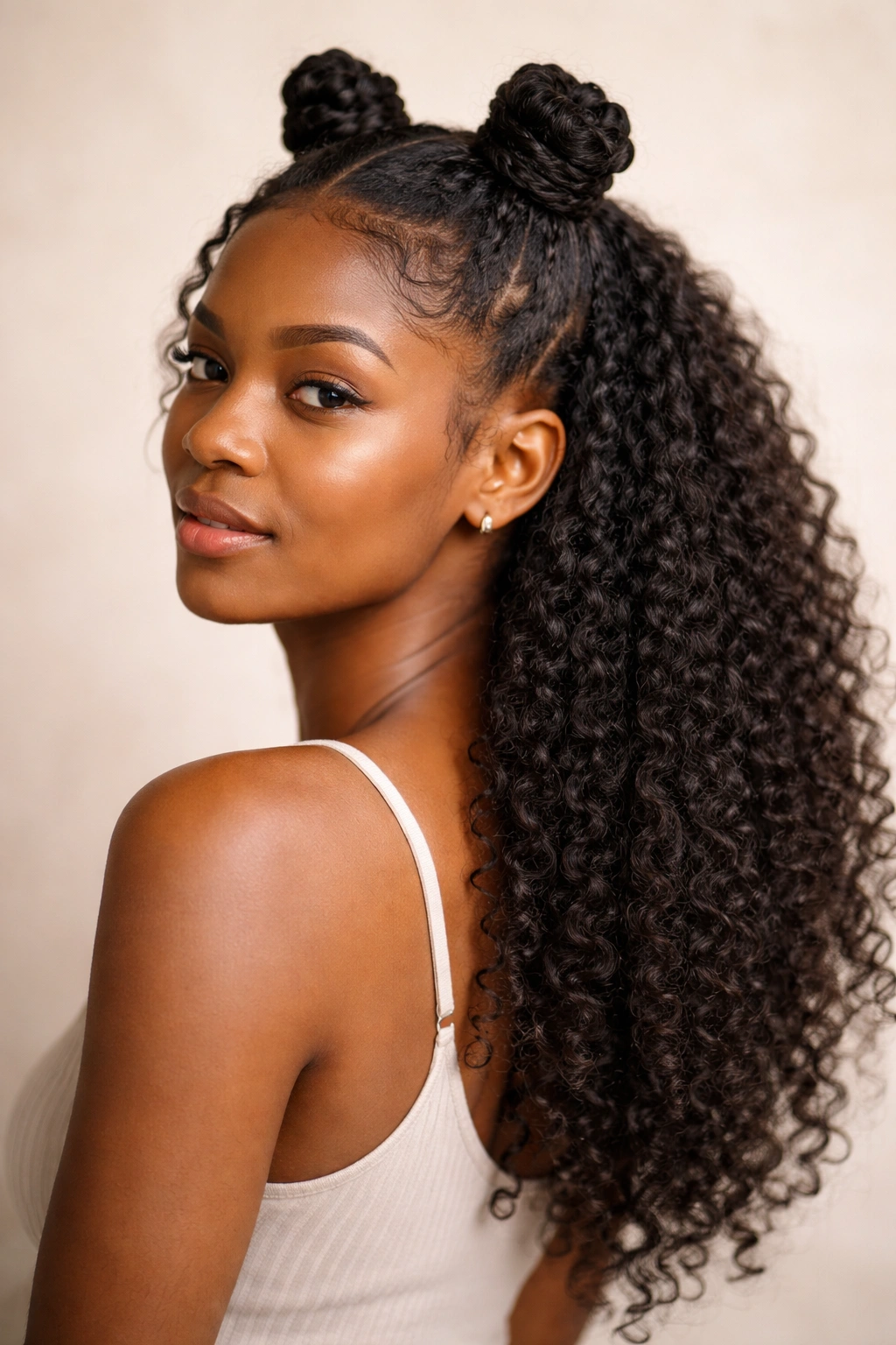 Half-up Bantu knots on top with loose back hair in a neutral studio