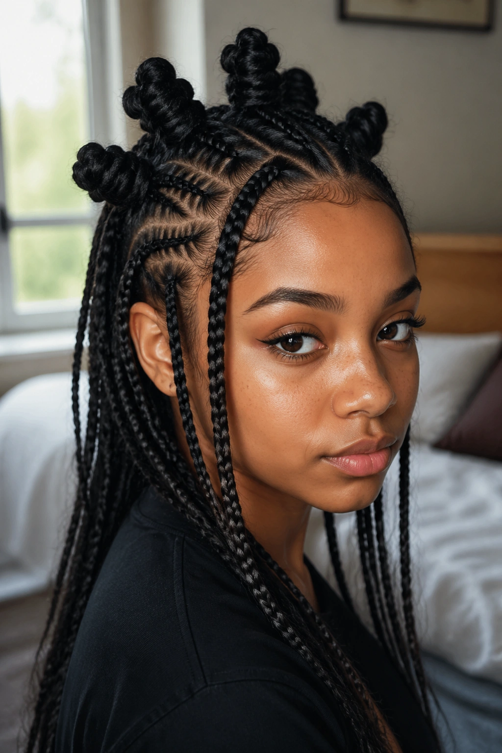 Close-up of a real person with half-up knots and braids along the hairline.