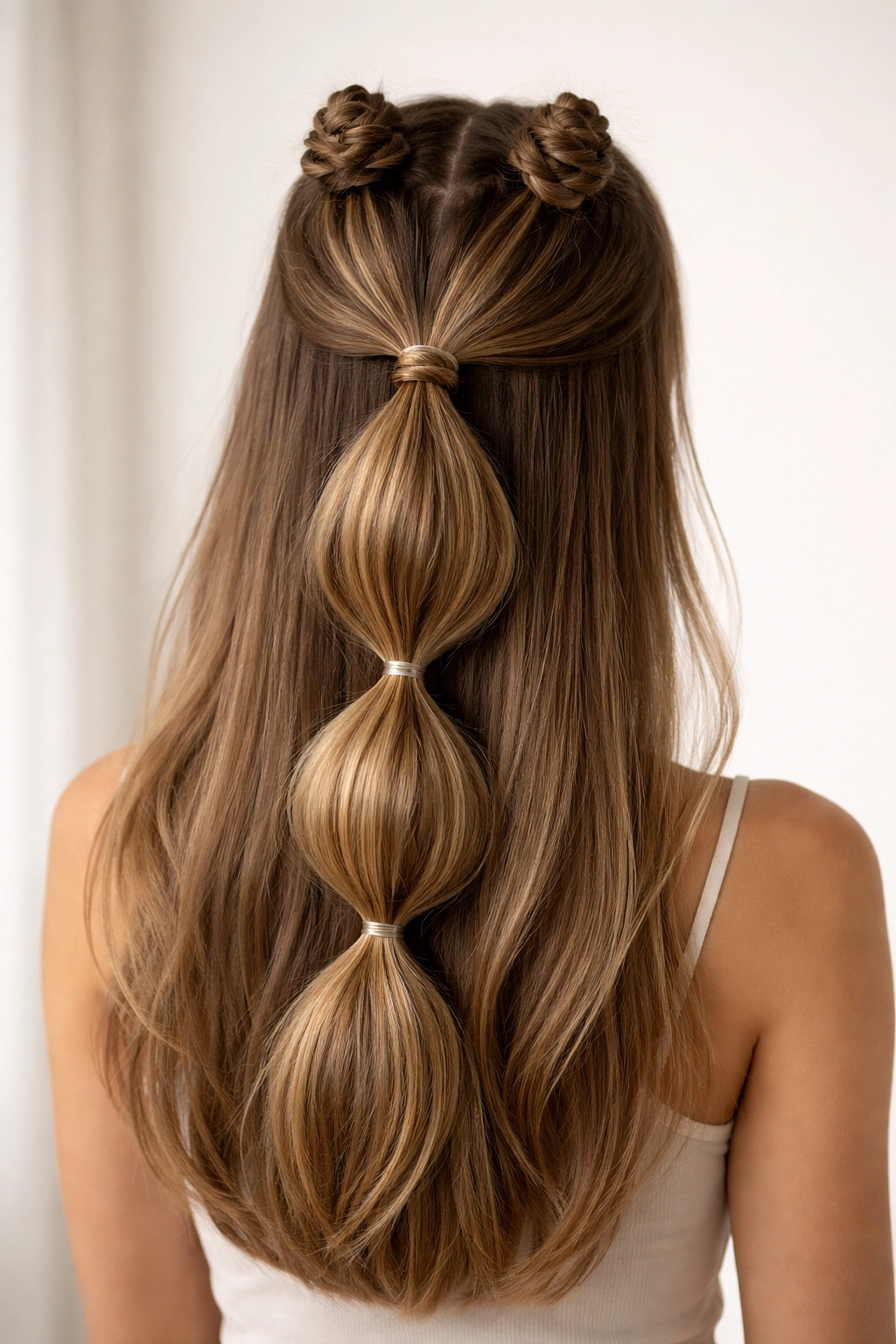 Two crown knots with a bubble ponytail at the back of straight hair