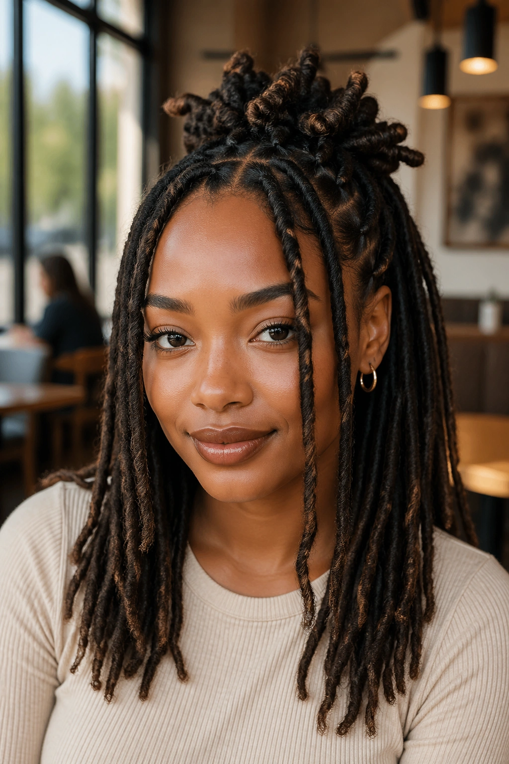 Real woman with half-up style and curtain front locs framing the face
