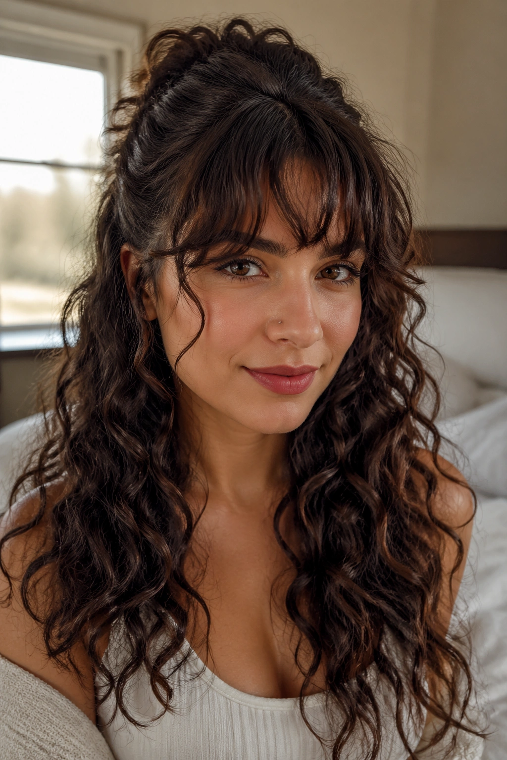 Close-up portrait of a real woman with half-up long curly hair and bangs, lit by natural window light