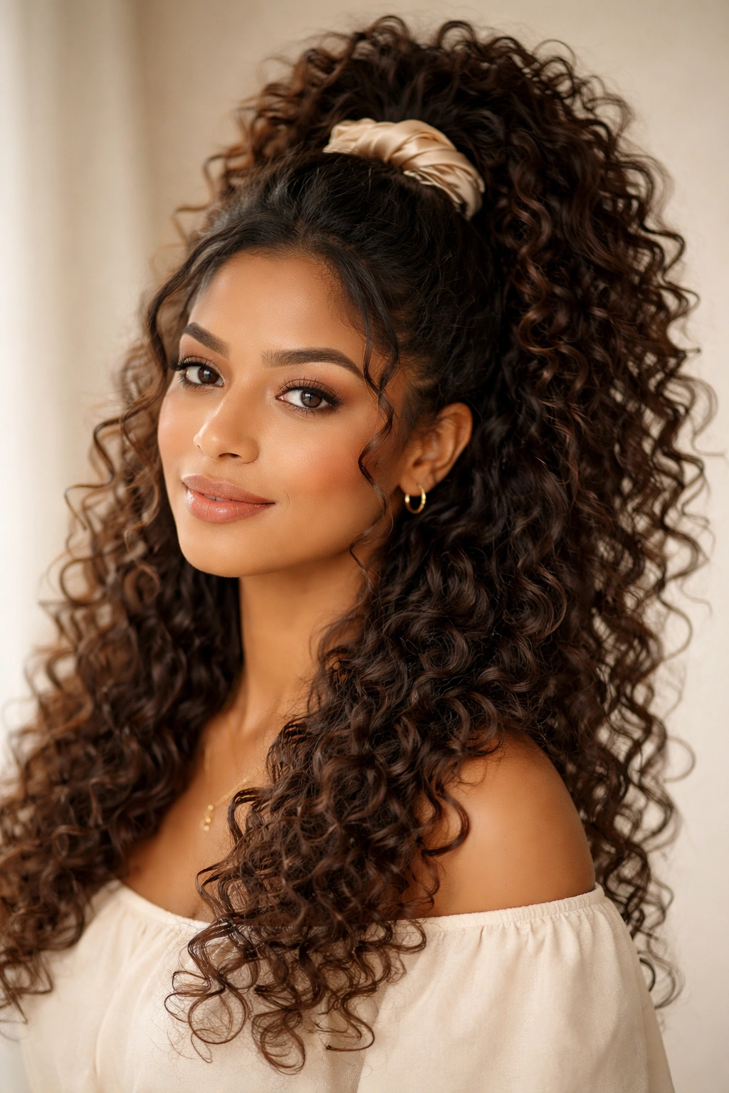 Close-up of half-up pineapple puff on long curly hair with lifted crown