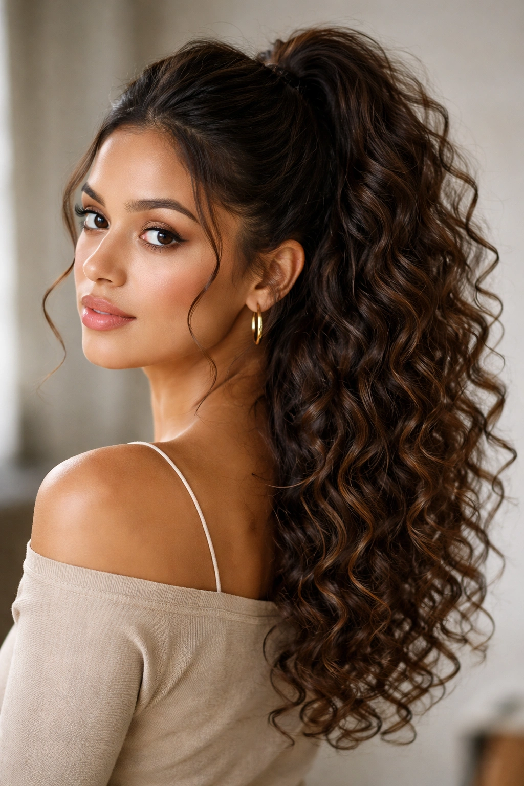 Half-up curly ponytail with top section tied back and bottom curls flowing