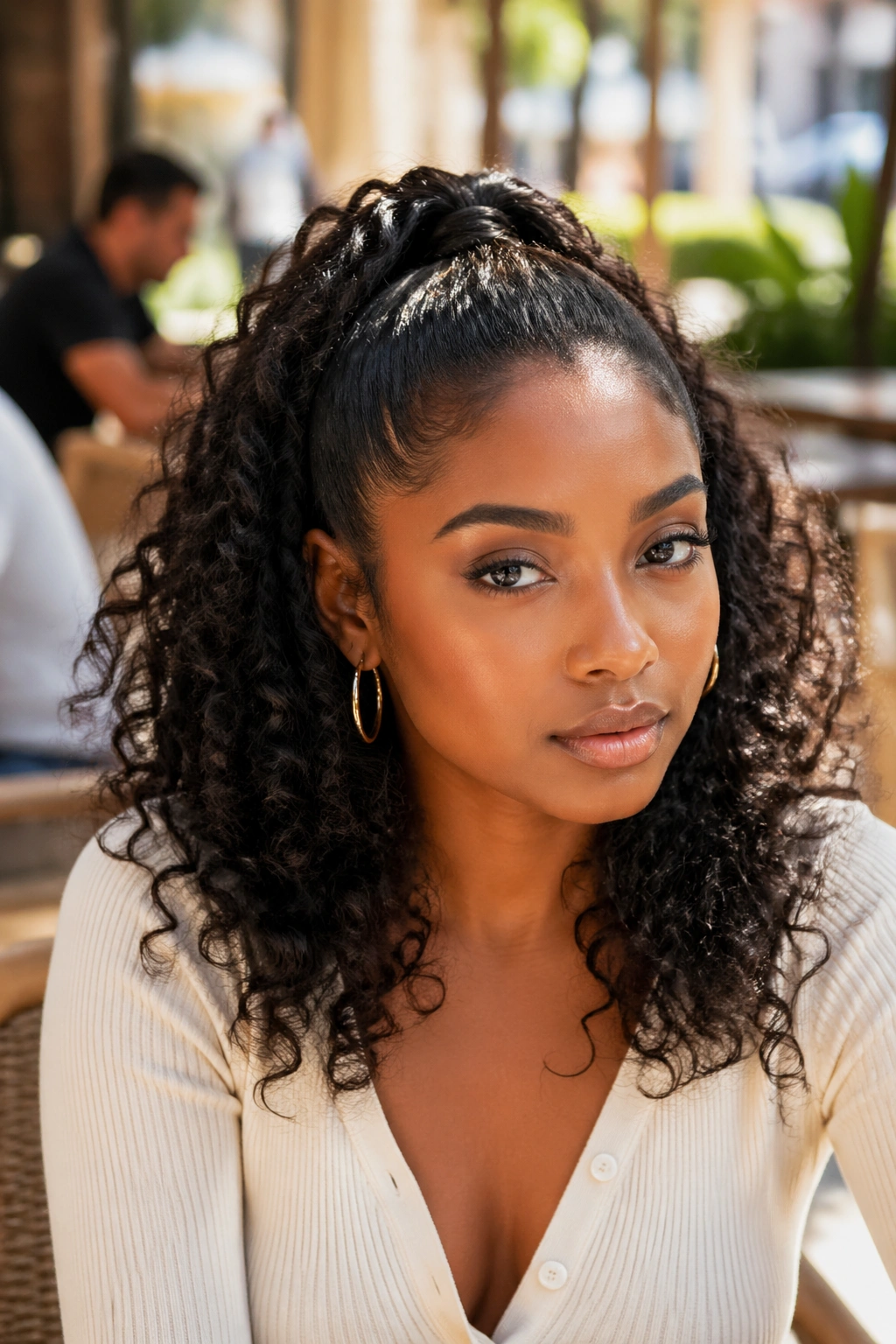 Close-up of a Black woman with a half-up curly ponytail and loose length curls