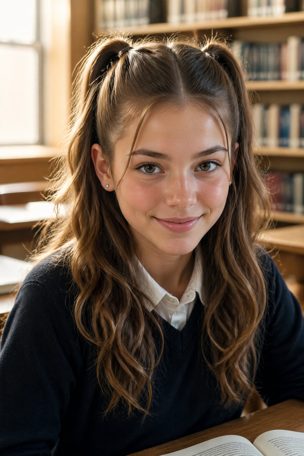Real student with half-up double ponytails in a library setting