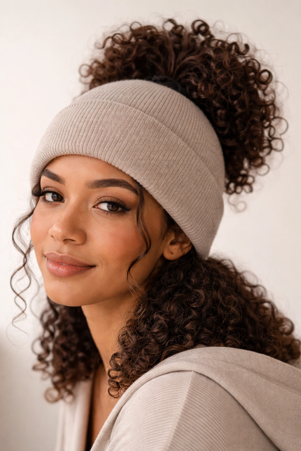 Beanie with a small crown puff of curls visible beneath to avoid flattening