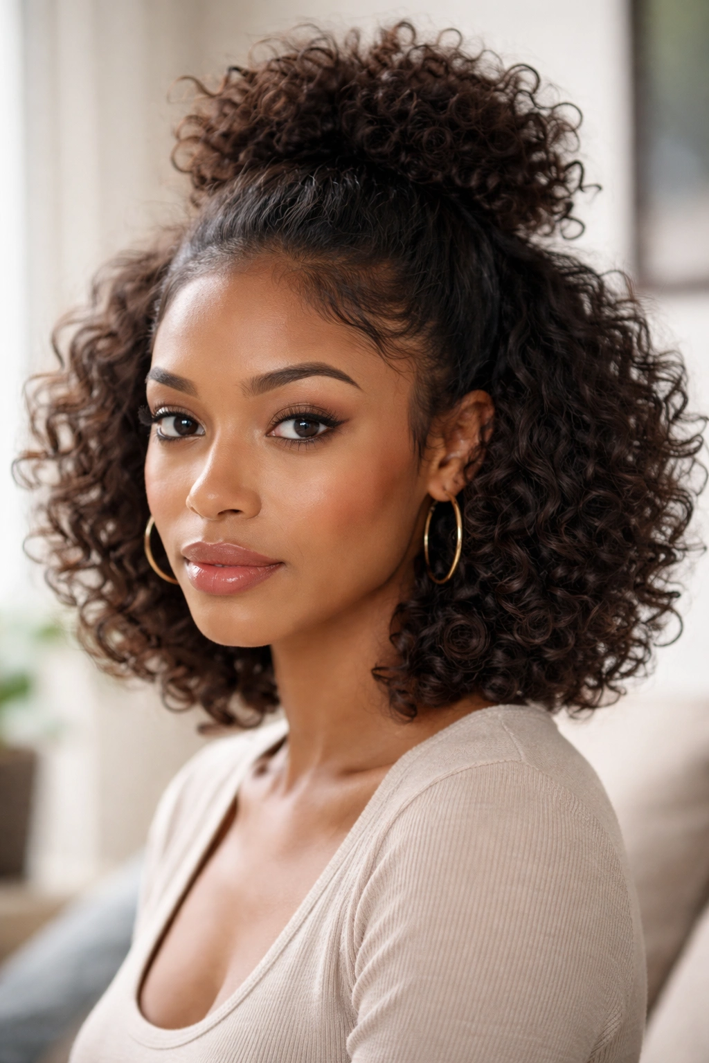 Half-up mini puff on a curly bob showing crown lift and loose curls