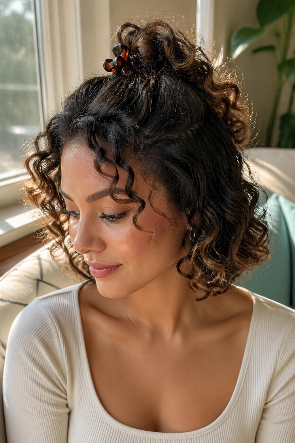 Real woman with a half-up puff on curly hair in a bright living room