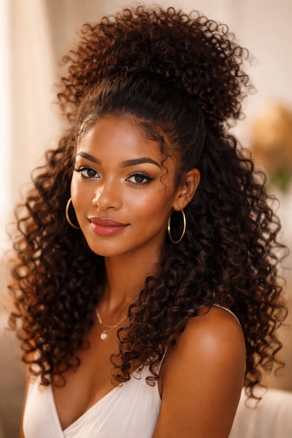 Half-up high puff hairstyle with soft curled ends on curly hair