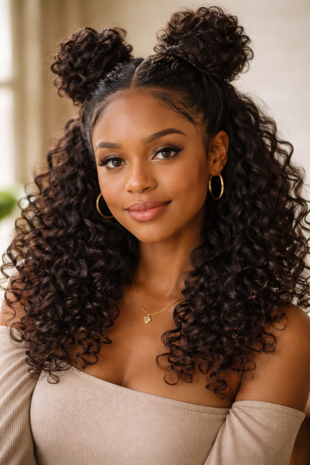 Half-up space buns with loose curls cascading