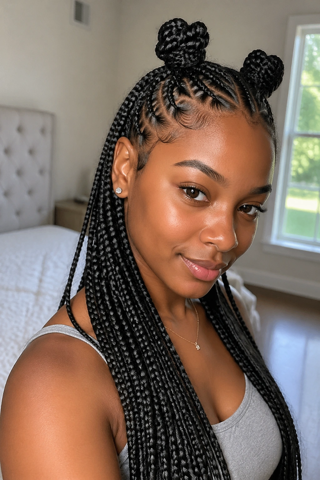 Close-up of a real woman with half-up stitch braids and long braided length