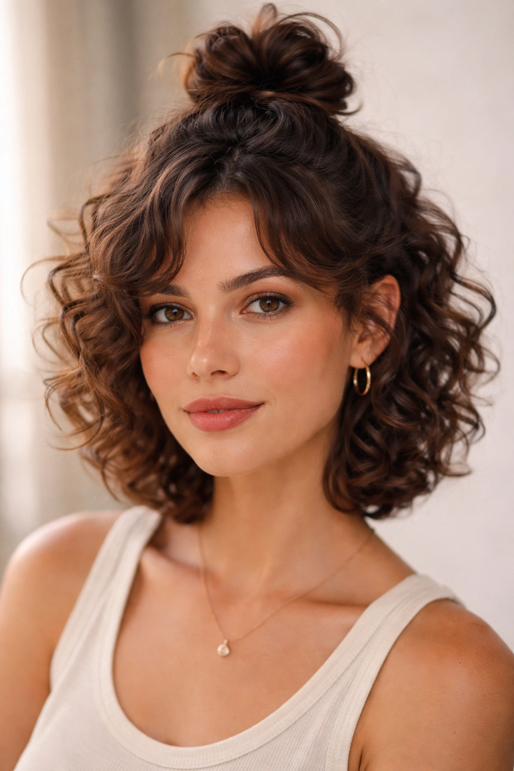Front-facing view of half-up top knot on short curls