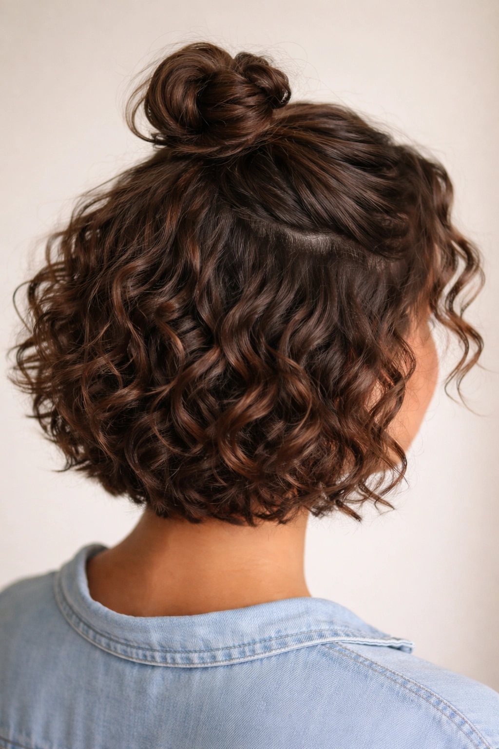 Close-up of a short curly crown with a small top knot