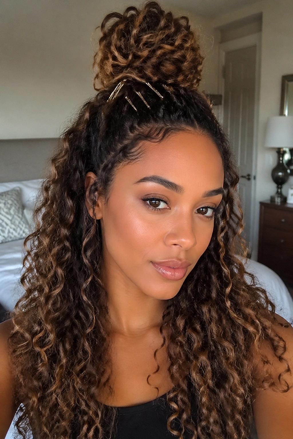 Real woman wearing a half-up top knot hairstyle