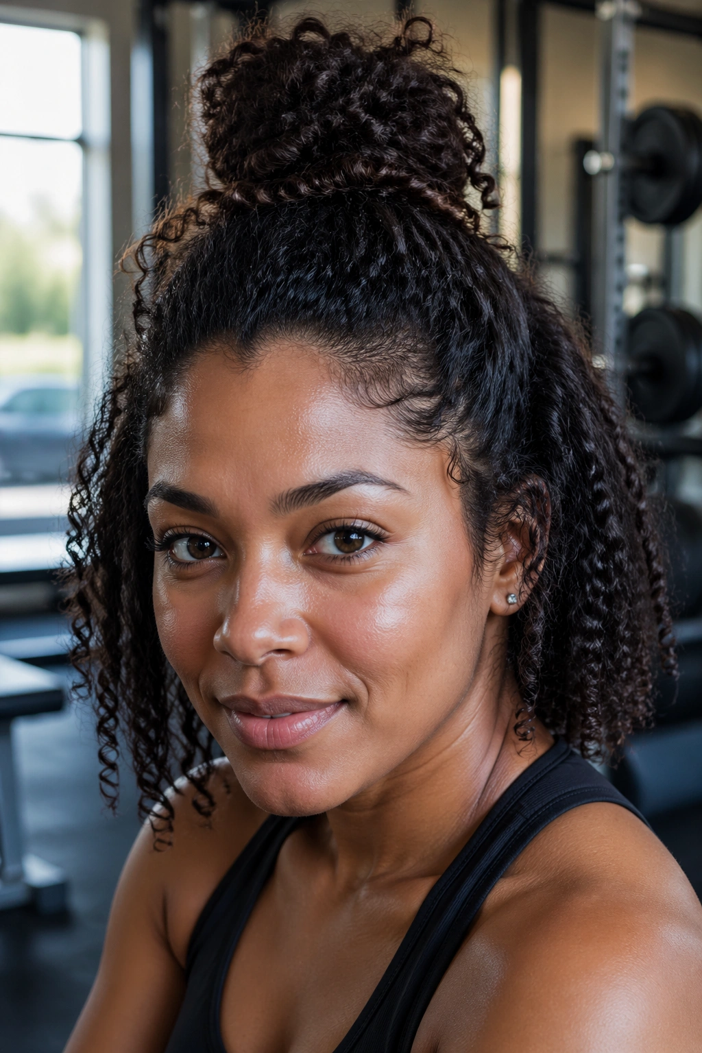 Close-up of a real woman with a half-up top knot in a gym setting.