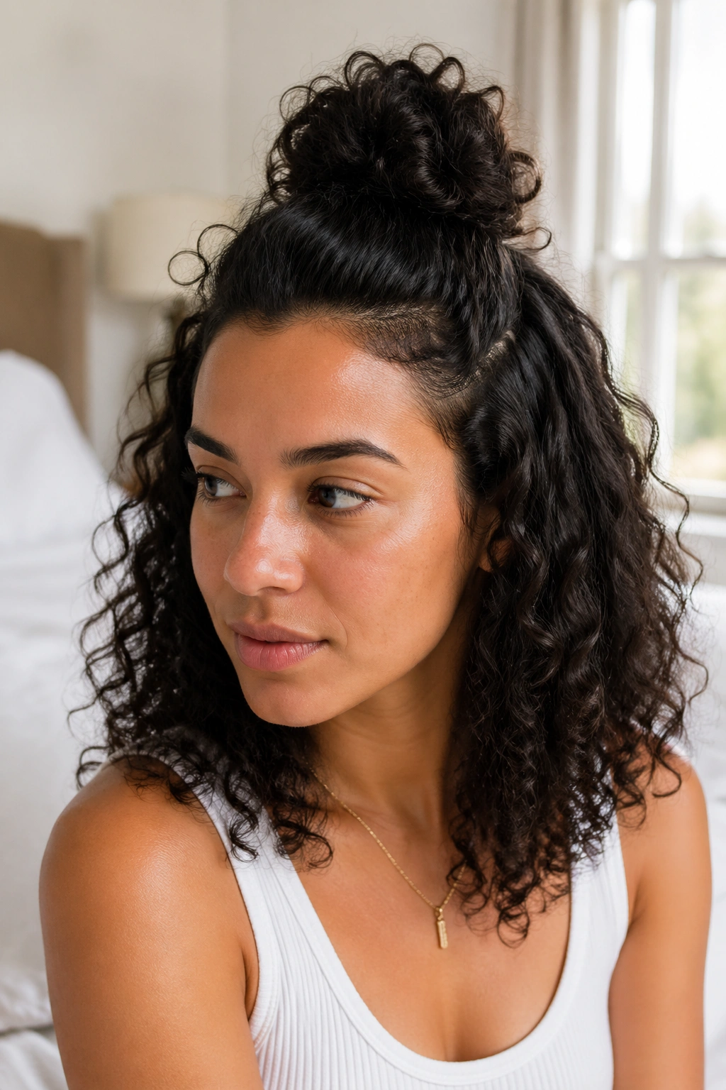 Close-up of half-up top knot hairstyle on curly hair