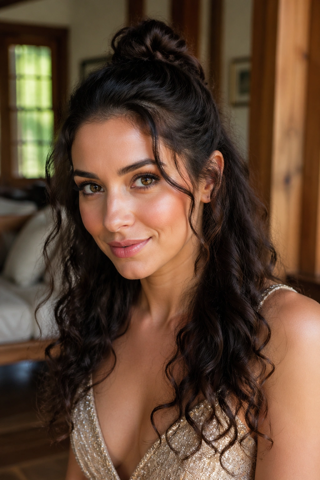 Close-up of a real woman with a half-up top knot and loose curly ends