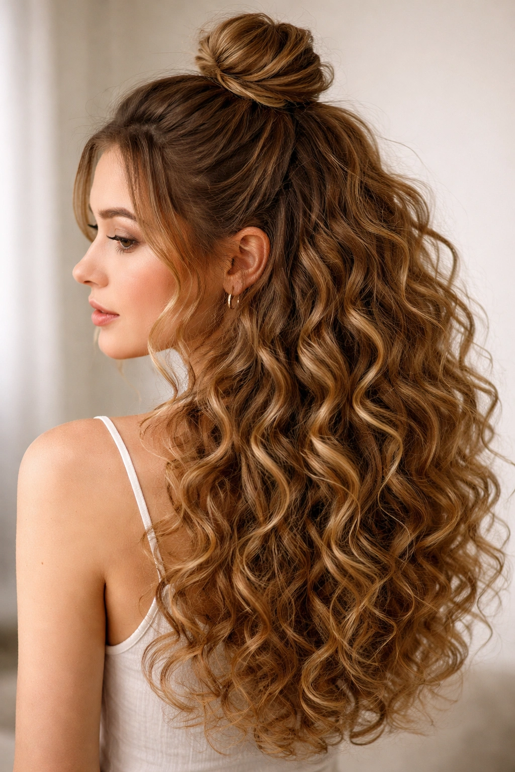 Half-up top knot with curls cascading down and volume at the crown